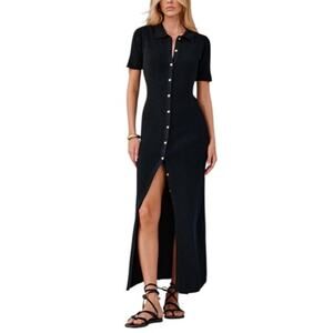Commense Women's Small Navy Metal Button Collar Short Sleeve Jersey Midi Dress